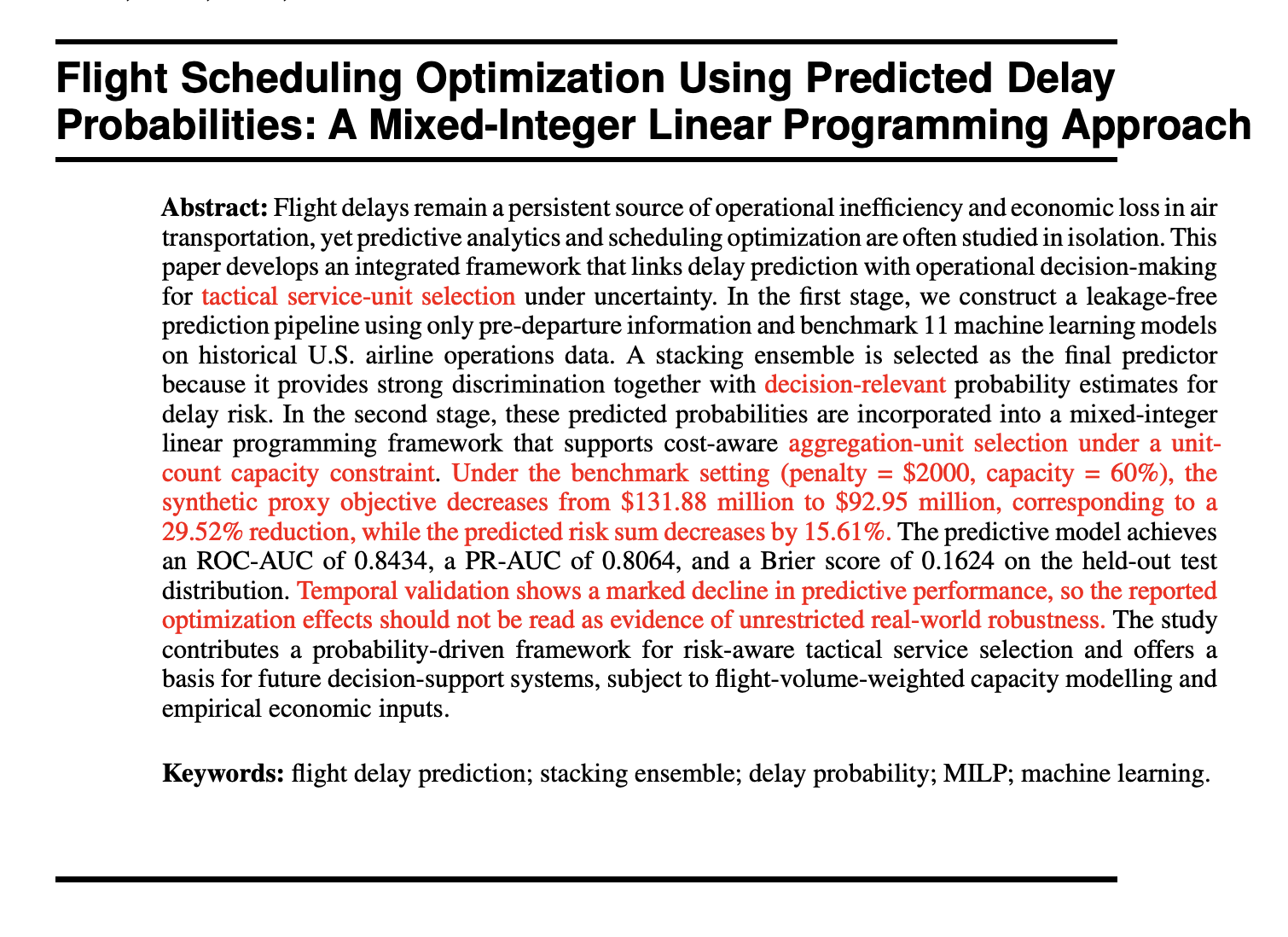 First page of the manuscript on flight-delay prediction and MILP optimization